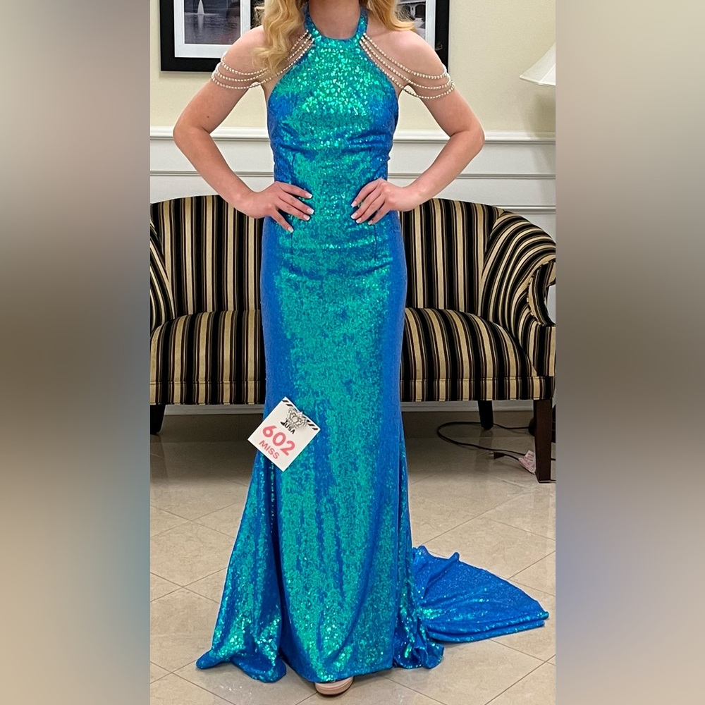 Dazzling Marc Defang Blue Sequin Prom Dress with Rhinestone Details